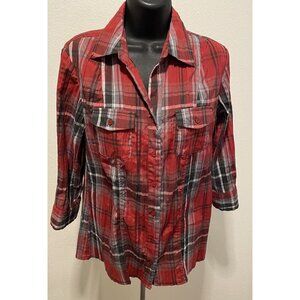 St John’s Bay Womens Size Medium Blouse Button Down Plaid 3/4  Sleeves Roll Tap